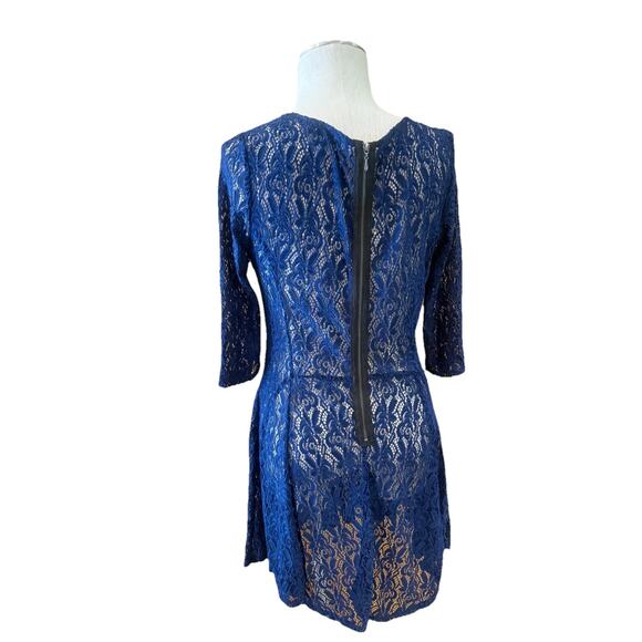 Fishbowl Fit & Flare Dress Women Large Navy Blue Lace Floral Round Neck Back Zip - Picture 6 of 9